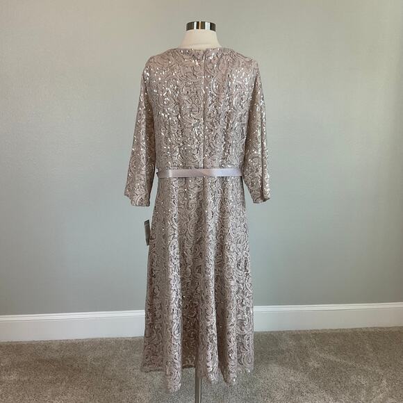 Alex Evenings Sequined Lace Cocktail Dress Size 24W Taupe Belted Fit and Flare - Picture 4 of 11